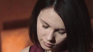 Cute teenie rips her pantyhose open and masturbates to an orgasm