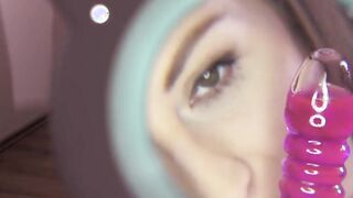 Gigantic-tits goddess studies her unshaved twat with a magnifying glass