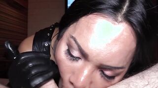 Perfect handjob with gloves on by tranny
