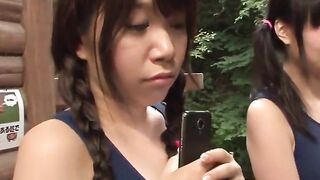 Japanese schoolgirls in swimsuits CFNM hand job harem