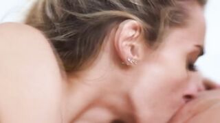 Busty blonde gives roommate a sex clinic