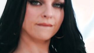 Quadruple blowjob for huge tits dark haired babe