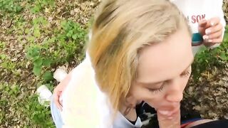 Two Girlfriends Suck Cock in the Wood