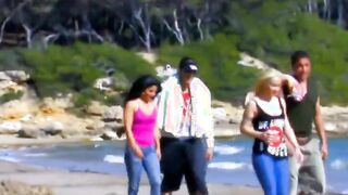 Spanish barely legal friends meet for couple groupsex on the beach