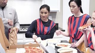 Asian teen and BFFs fucking the coach