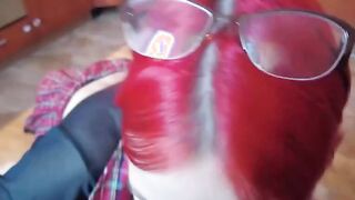 Inked student blows while on her knees