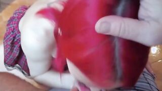 Inked student blows while on her knees