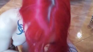 Inked student blows while on her knees