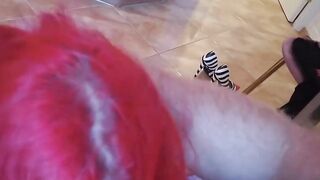 Inked student blows while on her knees
