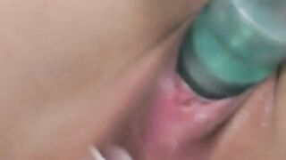 Bombshell slutty young petite brunetteÂ fucks wet cunt with dildo