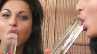 Young turned on dark hair Latina skank fucks wet snatch with glass dildo