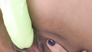 Voluptuous slim dark haired Celeste Performer fucks herself with sex sex toy