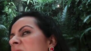 Pretty big-ass dark hair sucks & fucks long-cock poolside