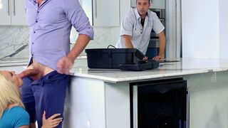 Teen sucking dick in front of worker