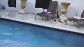 two slutty skinny dipping girlfriends start sex party at a pool party