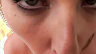 Sun-tanning blonde beauty is massaged & fucked by the pool