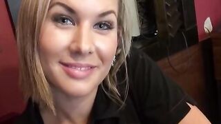 Voluptuous Hot blonde bartender is talked inside having sex at work