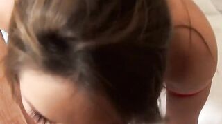 Sultry dark haired in red lace bounces her fat ass on her man