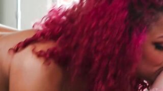 Curly redhead fucked by busty shemale