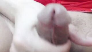 Asian shemale jerking big dick closeup on webcam