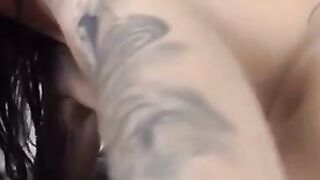 Tattooed Chick sucks and fucks a dildo