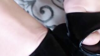 Busty Chick having fun stripping and shows feet