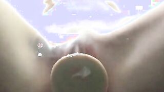 Petite Babe sucks and fucks her dildo in 3 holes