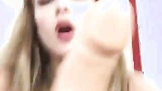 Petite Babe sucks and fucks her dildo in 3 holes