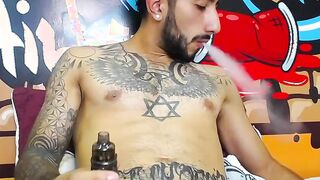 Impressive Latin tattoo stroking cock Part 3