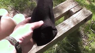 Masked whore ride big penis into nature