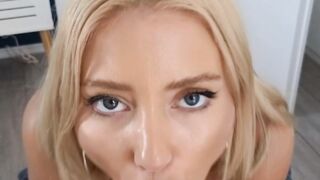 Cock hungry blonde kneels and fucks her face with dildo
