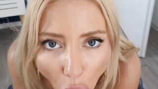 Cock hungry blonde kneels and fucks her face with dildo