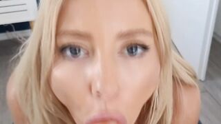 Cock hungry blonde kneels and fucks her face with dildo