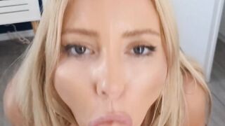 Cock hungry blonde kneels and fucks her face with dildo