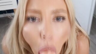 Cock hungry blonde kneels and fucks her face with dildo