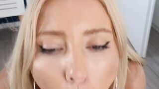 Cock hungry blonde kneels and fucks her face with dildo