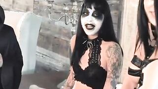 blowjob intense halloween orgy with 3 tattooed teens