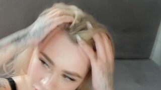 Blonde Latina kneels and sucks off huge cock till he busts load