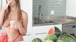 PASSION-HD Huge Tit Dark Hair Pours Watermelon Down Her Body