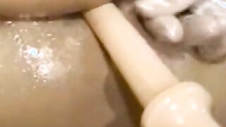 Bushy dyke gets her cunt and butt toyed inside wild three-way