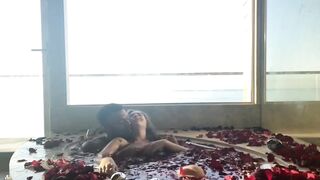 Fascinating beauty with long natural melons loves ebony meat