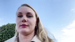 Daring Blonde only wears a trench coat and various dildos