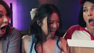 Asian babe enjoyed movie on two TS dicks