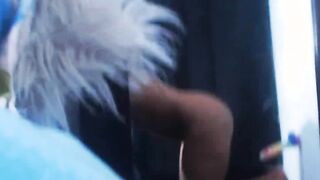 Ebony teen fucks stuck dildo on the wall on webcam