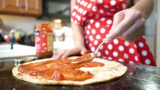 Cutie Milf makes Pizza. Vagina and Butt Exposed