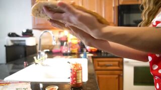 Cutie Milf makes Pizza. Vagina and Butt Exposed