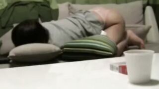 Japanese stepdaughter caught toying on the couch