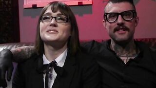 Shemale deep throats tattooed cock to her master