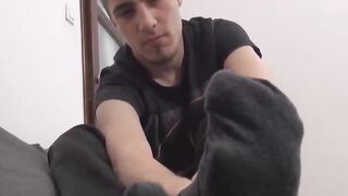 sexy Beliar loves sniffing his smelly socks while jerking off