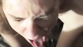 Cute girl sucks and licks balls and earns huge facial reward